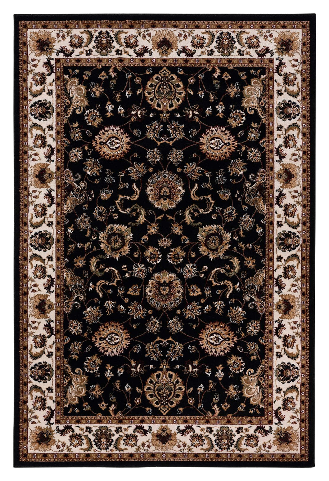 Golden Boarder Traditional Flower Design Black Rug